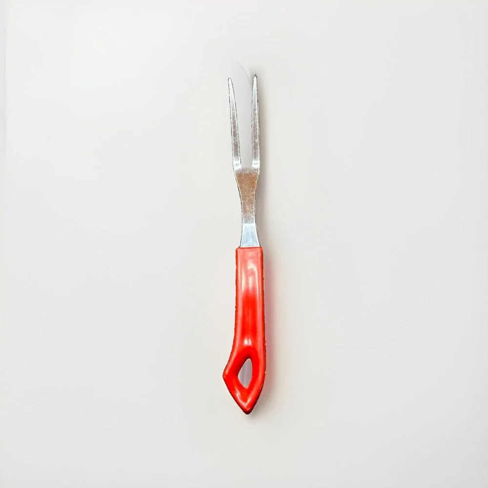 Quikut Stainless Steel Two-Prong Carving Fork Red Handle Vintage